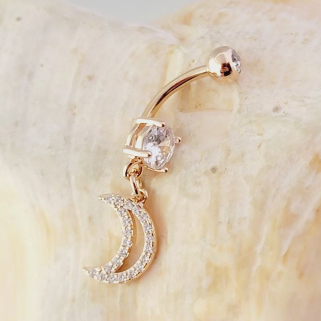 14g Crescent Moon Rose Gold Belly Ring With Clear Cz Gems Dangle Navel Ring
